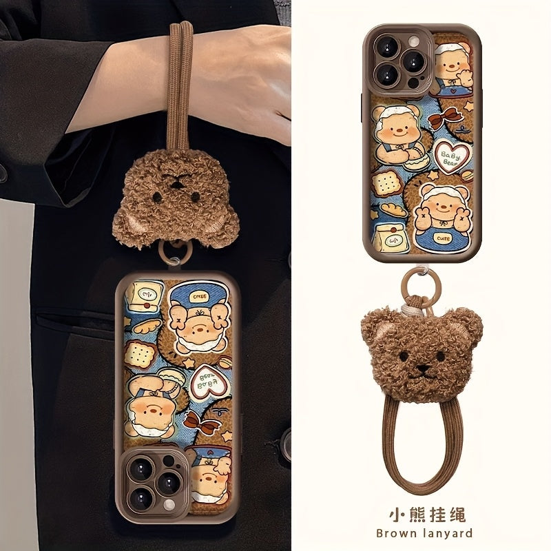 1pc Butter Bear Pattern Plush Lanyard Brown High Bamboo Mobile Phone Case, TPU Material Full Cover Anti-fall Lightweight Sandpaper Mobile Phone Protective Case, Suitable for iPhone 16/11/13/15/15 Plus/15 Pro/15 Pro Max/12/14